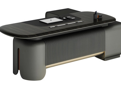 Birou modern cu design elegant și suprafață neagră, iluminare