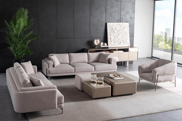 Set de living bej cu canapea și fotoliu moderne
