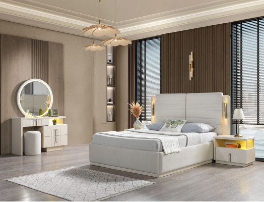 Set de pat modern și elegant cu 2 măsuțe de noapte, 5 piese