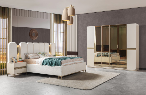 Set de mobilier modern pentru dormitor 4 piese: pat, dulap, noptieră
