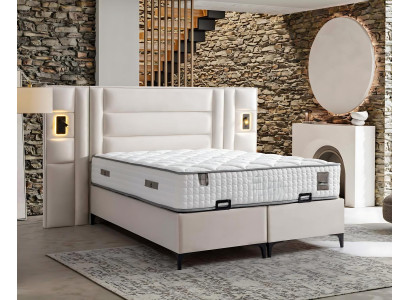 Pat elegant alb cu tapițerie și saltea din lemn