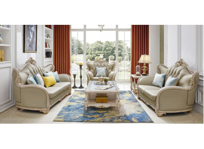 Ledersofa Klassische Sofagarnitur Set 2tlg 32 Sitzer Couch Massivholz