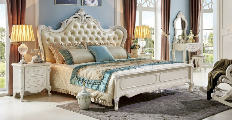 Bett Nachttisch Kleiderschrank 6 tlg Schlafzimmer Set Hocker Barock Massivholz