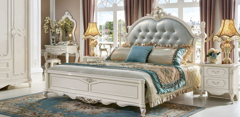 Luxus Schlafzimmer Bett Doppelbett Echte Handarbeit Holz Leder Polster Betten