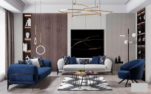 Moderne Couchgarnitur Luxus Sofas Dreisitzer Sessel Blau Polstermöbel 3tlg