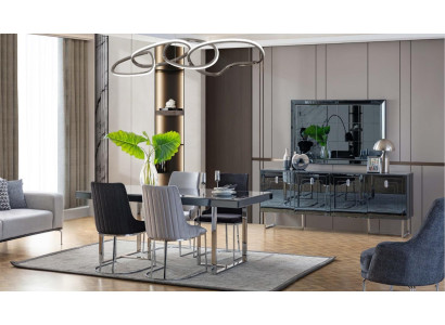 Schwarz-Graue Esszimmer Möbel Rechteckiger Esstisch 4x Textil Stühle