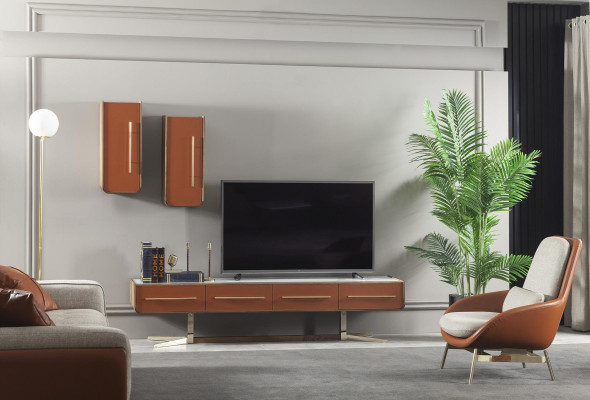 Orangene Wohnwand Edelstahl Wohnwände Wohnzimmer Möbel tv Media Wand