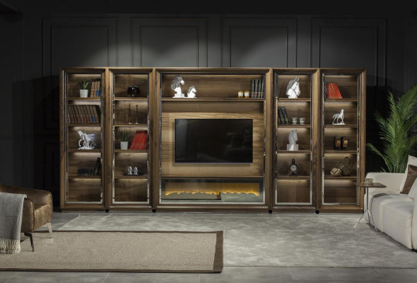 Luxus Wohnwände 448cm Schrank Wand Wohnwand mit Kamin Wohnzimmer Holz