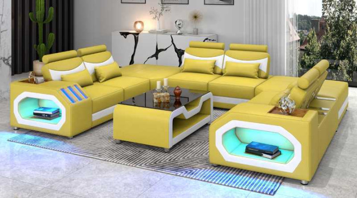 Design Wohnlandschaft Großes Sofa XXL U Form Ecksofa Ledersofa Rot LED