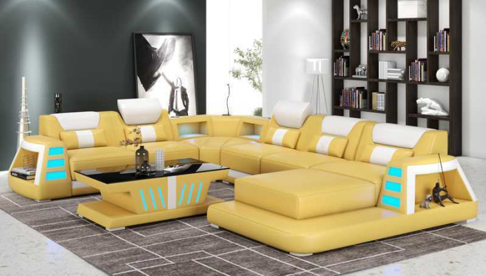 Couch Zeitgenössisch Ecksofa U Form Gelb Wohnlandschaft Ledersofa Sofa