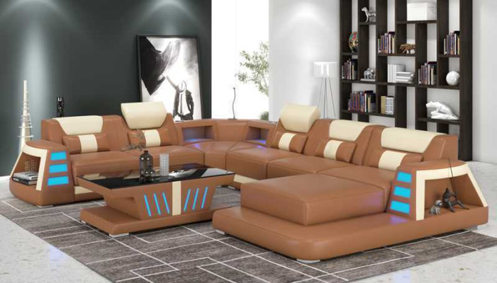 Couch Zeitgenössisch Ecksofa U Form Gelb Wohnlandschaft Ledersofa Sofa