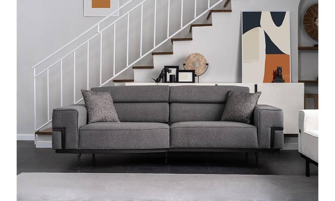 Grau-Weiße Polster Garnitur Wohnzimmer 3-Sitzer Sessel Holz Couchtisch