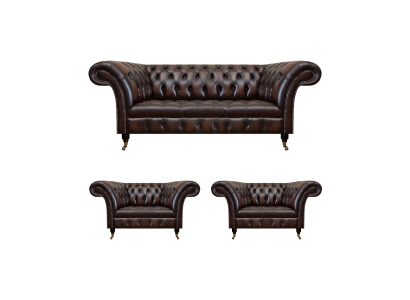 Luxus Braun Leder Sofa Set Wohnzimmer 2x Sessel Dreisitzer Couch Chesterfield