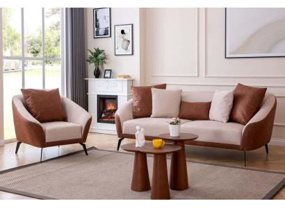 Braun-Beige Wohnzimmer Sofagarnitur Designer Dreisitzer Luxus Sessel