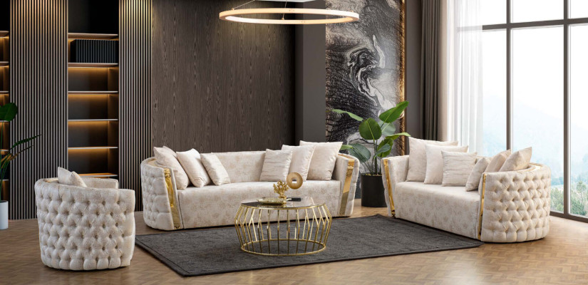 Komplette Beige Chesterfield Sitzgarnitur 3-Sitzer Polster 2-Sitzer 2tlg