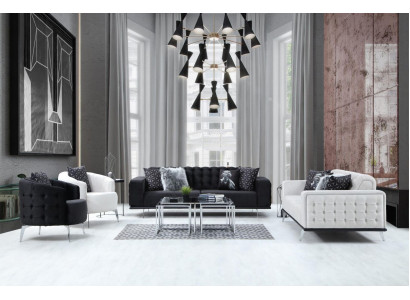 Schwarz-Weiße Chesterfield Wohnzimmer Couchgarnitur 2x Dreisitzer Sessel