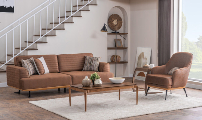 Hochwertiges Braune 4 tlg Polstermöbel Set Dreisitzer-Sofas und Sessel