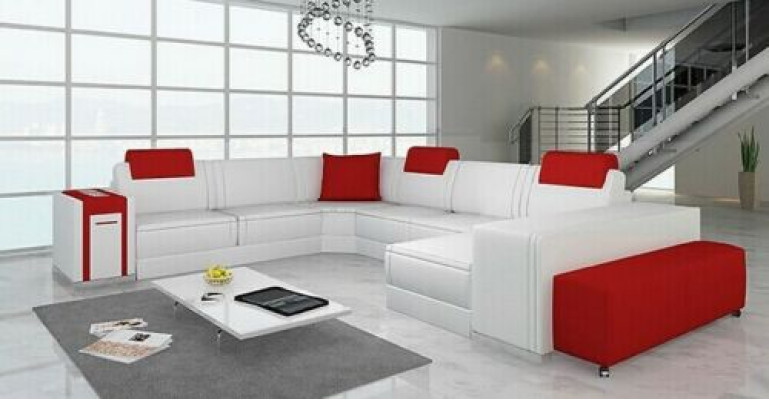 Ecksofa Sofa Wohnlandschaft U Form Polster Couch Ledersofa Hocker
