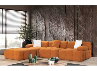 Oranges L-Form Sofa Wohnzimmer Luxus Couch Ecksofa Holz Textil Möbel