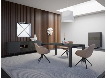 Designer Ess Zimmer Esstisch Set Stühle Metall Textill Essgruppe Schrank