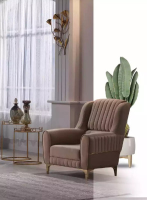 Brauner Textil Sessel Luxus Wohnzimmer Einsitzer Holzgestell Modern 