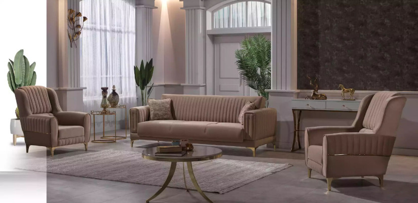 Brauner Textil Sessel Luxus Wohnzimmer Einsitzer Holzgestell Modern 