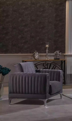 Grauer Sessel Polster Einsitzer Wohnzimmer Möbel Holzgestell Textil