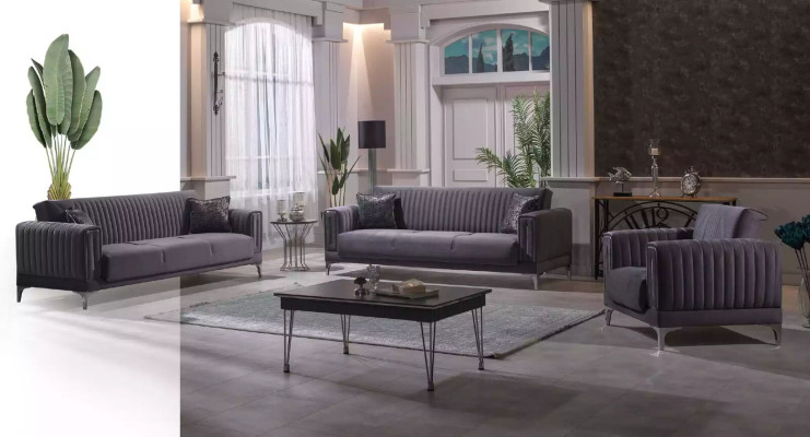 Grauer Sessel Polster Einsitzer Wohnzimmer Möbel Holzgestell Textil