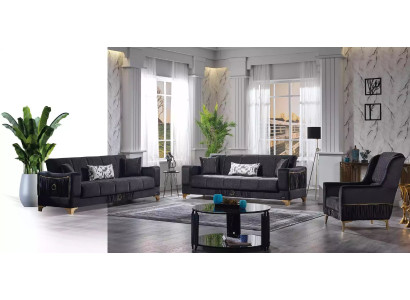 Schwarze Sofagarnitur 3+3+1 Sitzer Couchen Stoff Sitzmöbel Sessel Sofa