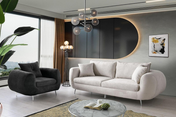 Komplette Couchgarnitur Dreisitzer Sessel Stoff Polstersofa 3tlg Weiß