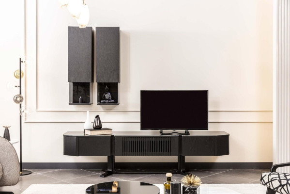Schwarzes Wohnwand Set Designer Holz TV-Ständer Luxuriöse x2 Wandregale
