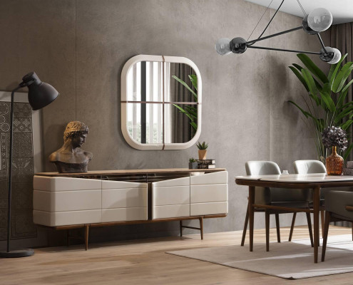 Esszimmer Set Beige Anrichte Rechteckiger Spiegel Luxuriöse Holz Möbel