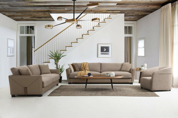 Sofagarnitur 441 Sitzer Sessel Viersitzer Modern Stoff Beige Set 3tlg
