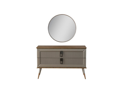 Braune Designer Kommode Edler Rundspiegel Luxus Schminktisch Set 2tlg