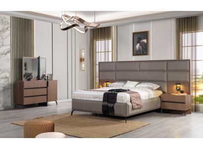 Grau-Braunes Doppelbett Exklusive Schlafzimmer Kommode Spiegel 5tlg Set