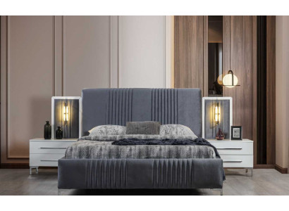 Modernes Graues Doppelbett 2x Holz Nachttische Schlafzimmer Garnitur