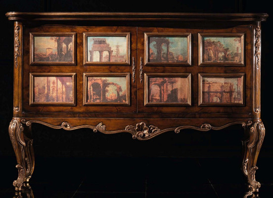 Prachtvoller Buffetschrank mit Abbildungen von architektonischen Gebäuden auf den Fassaden