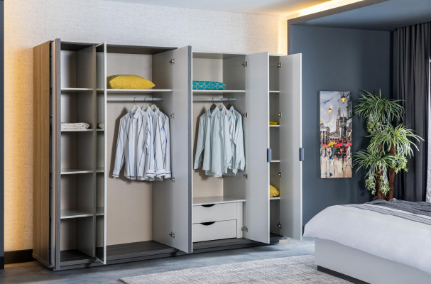 Schlafzimmer Möbel Holz Kleiderschrank Moderner Schrank Grau 260cm Loft