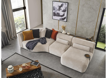 Ecksofa L Form Design Couch Holz mit Textil Polster neu Möbel weiß