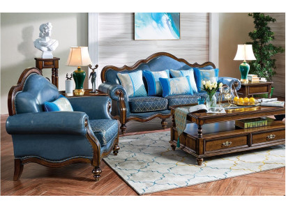 Blaue Barock Rokoko Chesterfield Sofagarnitur Sofa 3+1 Sitz Garnitur