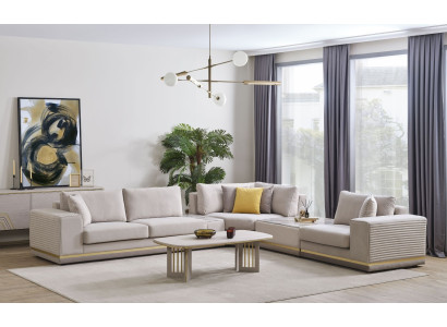 Wohnzimmer Hellbeiges Ecksofa L-Form Couch Modernes Textil Sofa Möbel
