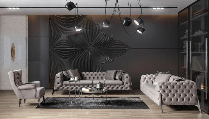 Hellgraue Wohnzimmer Chesterfield Sofagarnitur 4+3 Sessel Luxus Sessel