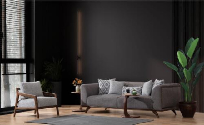 Graues Wohnzimmer Set Sofagarnitur 3+1 Sitzer 2x Holz Beistelltische