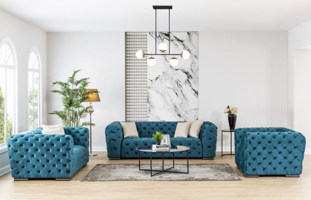 Chesterfield Sofa 4 Sitz Design Wohnzimmer Polster Holz Polster Luxus Blau