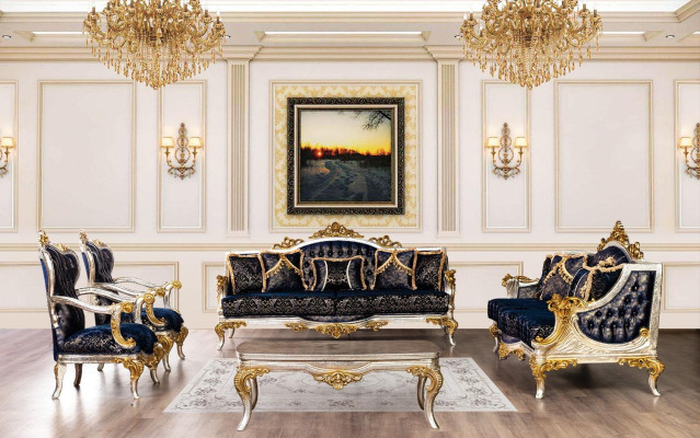 Luxus Sessel Klassischer Thron Stuhl Lehnstuhl Barock Samt Blau Gold