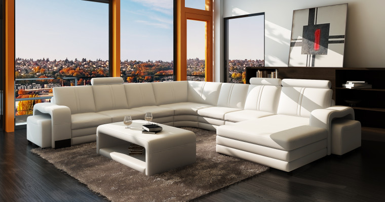 Große wohnlandschaft sofa polster eckgarnitur + hocker couch tisch komplett set