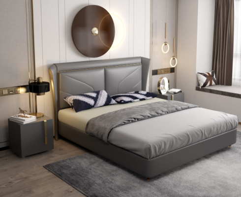 Graues Schlafzimmer Doppelbett Designer Betten Holzgestell Lederbetten