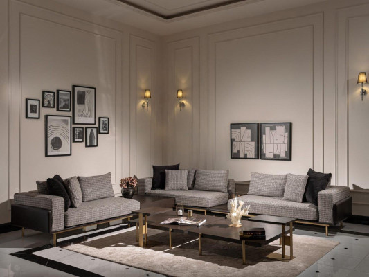 Wohnzimmer Garnitur Sofa Couchtische 5tlg Stoffsofa Grau Holz Set