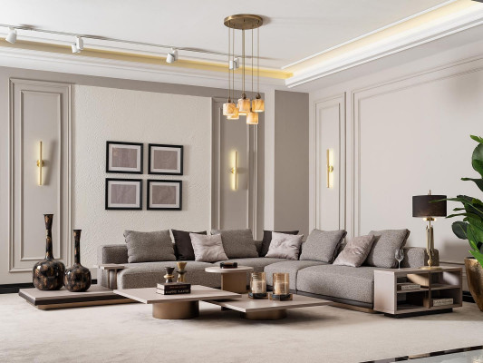 Wohnlandschaft Garnitur Wohnzimmer Ecksofa Sofa Couchtische 5tlg Grau