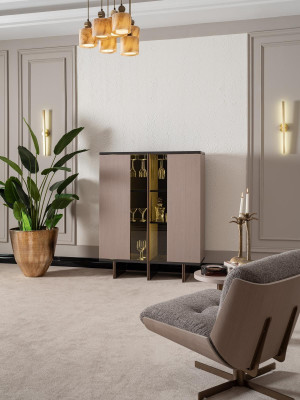 Barschrank Gruppe Vitrine Sessel Holz Beige Schrank Wohnzimmer 2tlg